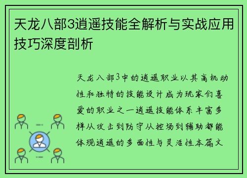 天龙八部3逍遥技能全解析与实战应用技巧深度剖析